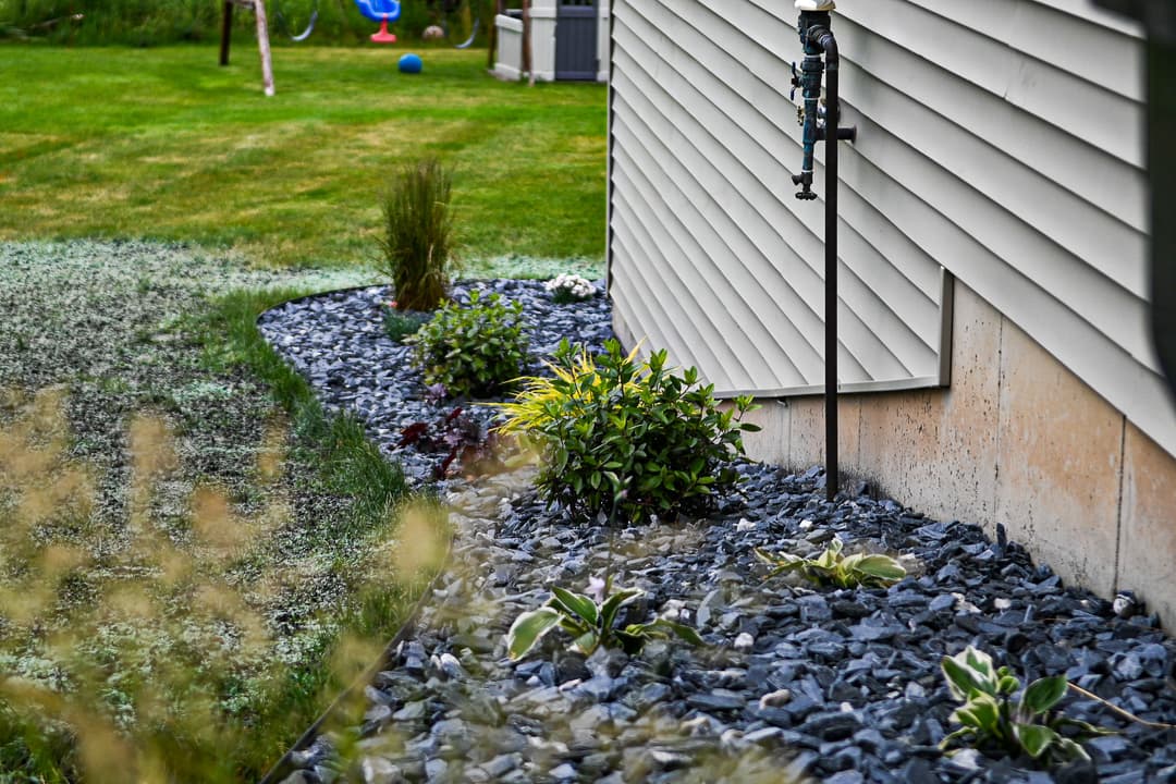Landscaped garden featuring ornamental plants and blue stone mulch by a house exterior.