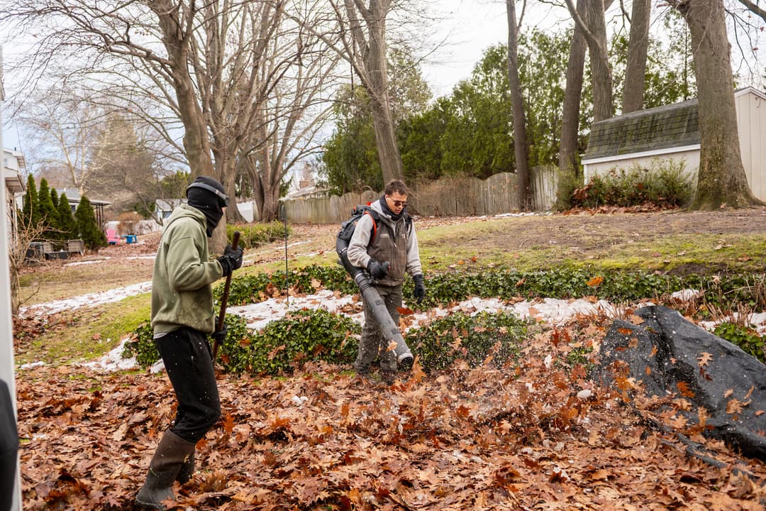 Two men raking leaves in a residential yard during winter, with scattered snow and trees in background.